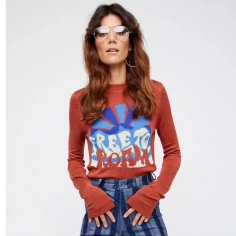Free People Rust Orange Graphic 'Free to Roam' Sweater with Blue Accent
